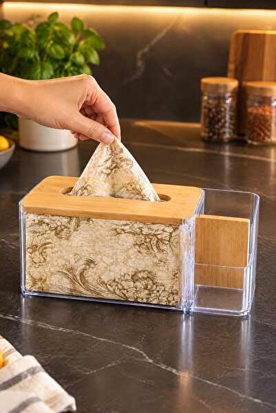 MAKRİ HOME Bambu Kapaklı Plastik Peçetelik ve Organizer, 25 x 12 x 10 cm