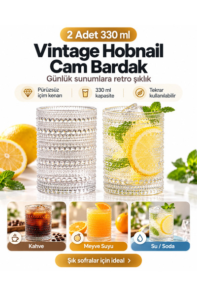 Yenigeldi 2 Adet 330ml Vintage Hobnail Bardak Antika Boncuk Kabartmalı Kahve y36