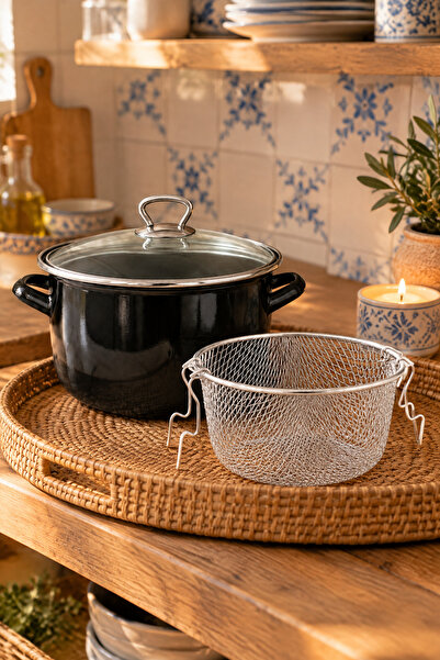 MAKRİ HOME 3.5 L Emaye Tencere, 22cm, Iç Dış Emaye Kaplama, Cam Kapaklı, Kıza...