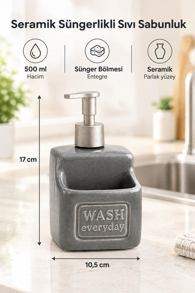 MAKRİ HOME Stylish and Practical Ceramic Sponge Liquid Soap Dispenser/Detergent Dispenser, Gray, 500 ml
