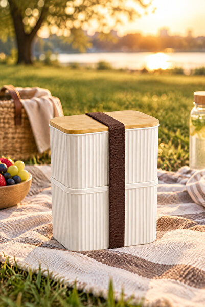 MAKRİ HOME Bambu Kapaklı 2 Katlı Saklama Kabı Seti - 2x1 Litre