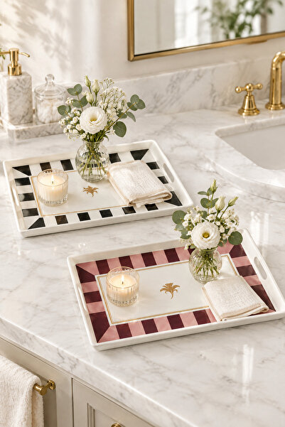 MAKRİ HOME 2 adet Çizgili Desenli Servis Tepsisi 38x28x3,5 cm, Siyah-Beyaz ve...