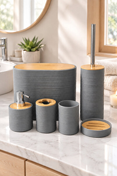 MAKRİ HOME 6 Parça Gri Banyo Seti, Bambu Detaylı, 8L Çöp Kovası 24x26x16 cm