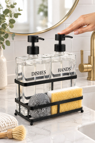 MAKRİ HOME Black Metal Stand Pole Double Glass Liquid Soap Dispenser Set – 2 X 500 Ml, 18.5 X 9.5 X 22.5 Cm, Sponge and Dishwashing Wire Included