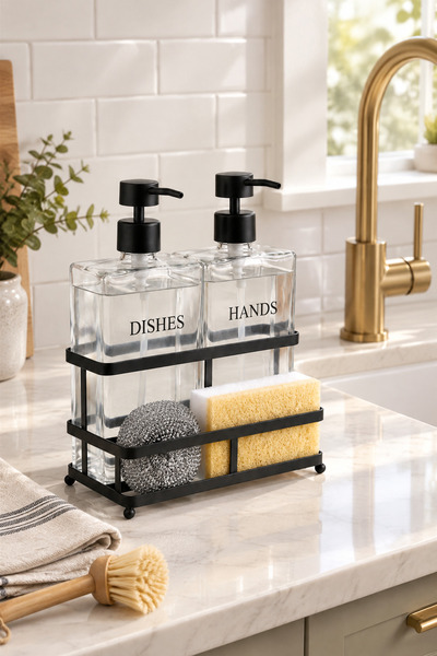 MAKRİ HOME Siyah Metal Stantlı Pole İkili Cam Sıvı Sabunluk Seti – 2 x 500 ml...
