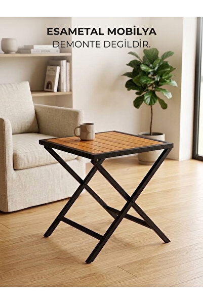 ESAMETAL MOBİLYA Metal Ahşap Masa 60x60cm Katlanır Balkon Masası, Çalışma Mas...