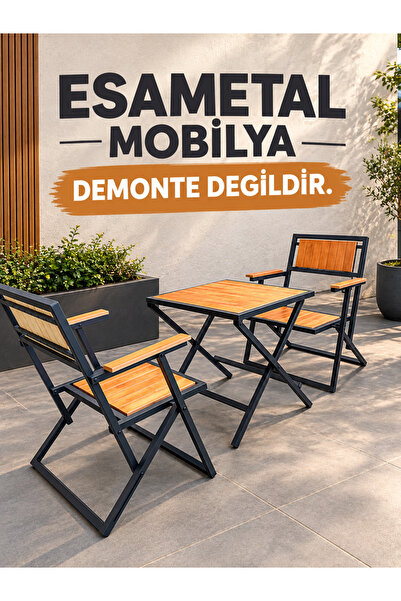 Metal Ahşap 2+1 Bahçe Mutfak Balkon 3'lü Bistro Set Katlanır Masa Sandalye Takımı 60x60masa