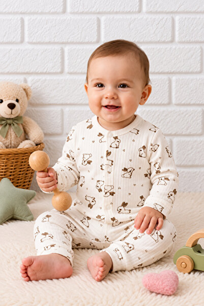 Krem Tavşan Desenli Fitilli Kaşkorse Düğmeli Uzun Kollu Bebek Alt Üst Takımı Pamuklu Pijama Seti