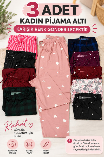 gd goldoremi 3 Adet Yumuşak Viskon Milan Esnek Kumaş Desenli Cepsiz Pijama Al...