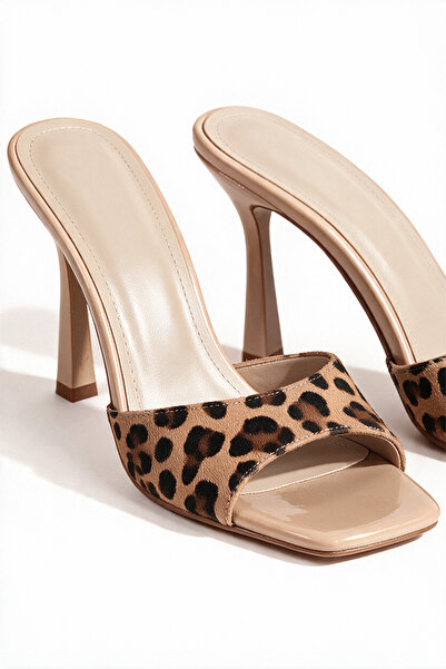 YELOD Leopar Nude - Terlik - Kare Burunlu 11 cm İnce Ökçeli Terlik