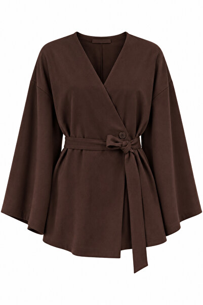 Laluvia Kahverengi Düğme Detaylı Kemerli Kimono - 005
