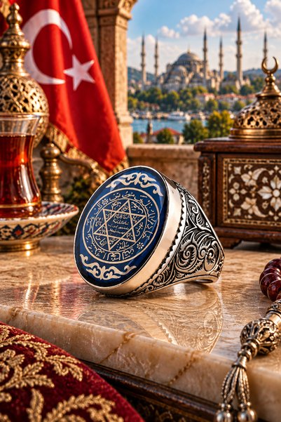 Siset Gümüş 925 Ayar Mavi Mine Üzerine Süleyman Mührü Erkek Gümüş Yüzük