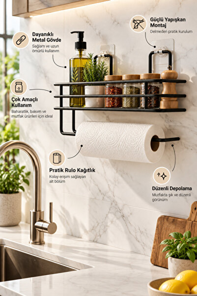 UG Home Yapışkanlı Raflı Kağıt Rulo Havluluk Peçetelik Havlu Kağıtlık Siyah B...