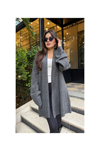 Vaveyla Women's Anthracite Shawl Collar Knitwear Cardigan |   Oversize & Comf...