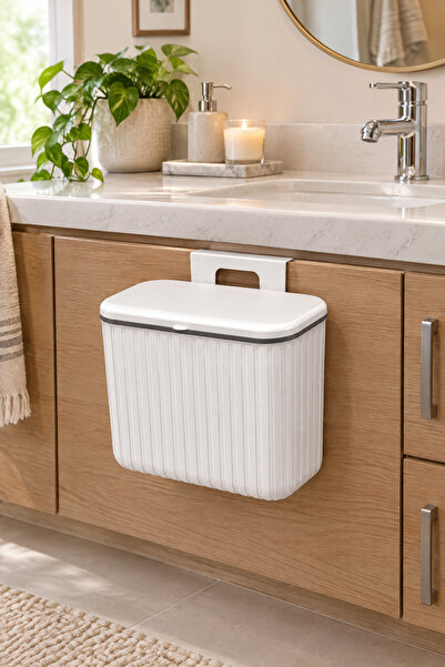 MAKRİ HOME Askılı Çöp Kovası- Beyaz- Çift Yönlü Kapaklı - 8 Litre