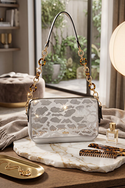 LYRA Bags & Accessories Beyaz Desenli Leopar Askı Detay Şık Günlük El ve Omuz...
