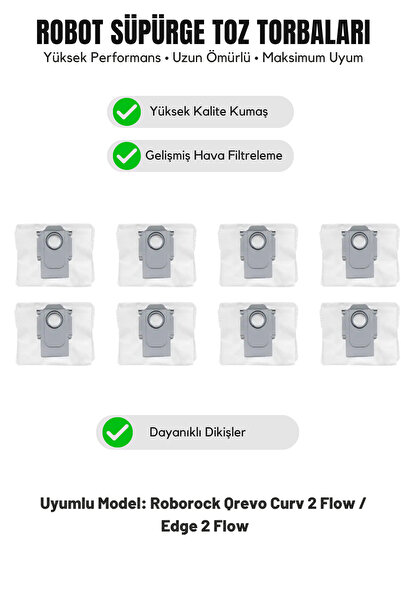 Asgard Grup Roborock Qrevo Curv 2 Flow / Edge 2 Flow Compatible 8-Piece Dust Bag