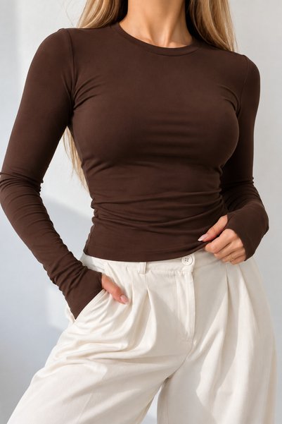 glanour Women's Brown Crew Neck Finger Detail Blouse Slim Body with Fleece Inside
