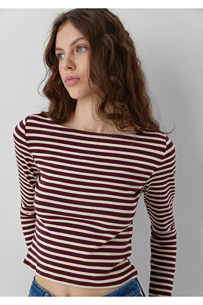 Mavi Kayık Yaka Bordo Çizgili Tişört Fitted / Vücuda Oturan Kesim 1613334-87982