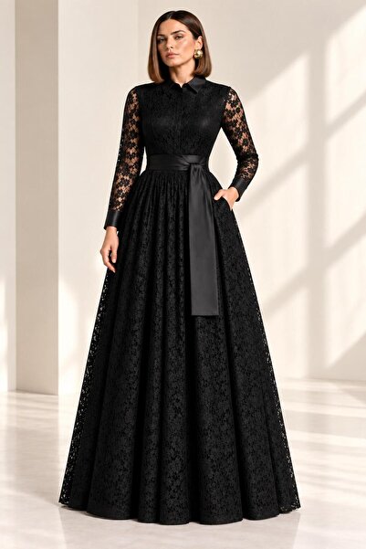 SERAVENZA COUTURE Maxi Boy Üst Dantel Kaplamalı Seyyar Kuşaklı Şık Gömlek Elb...