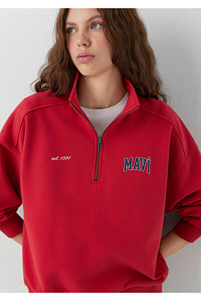 Mavi Logo Yarı Fermuarlı Kırmızı Sweatshirt 1S10373-88631
