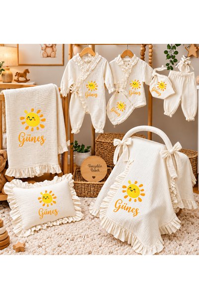 Moda Lime Kişiye Özel 10 Parça 4 Kat Müslin Bebek Seti Nakış Görünümlü 3D Baskılı Güneş Temalı İsimli Bebek Seti