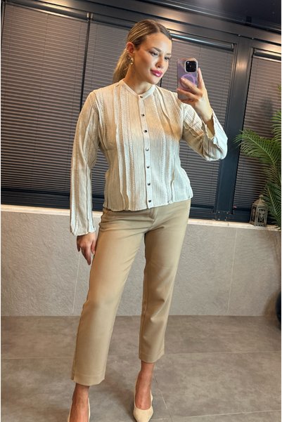 MİR STORE Mink Color Knitwear Cardigan with Glittery Fine Weaving Detail