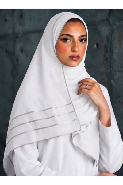 Veil Designer طرحه بوال ابيض قماش ياباني طبقتين تحديد فضي علي الطرفين لاستخدا...