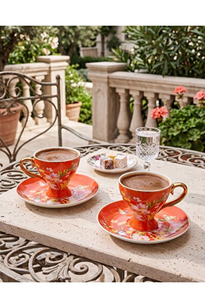 Sunumluxe Çiçek Desenli 2’li Turuncu Porselen Kahve Fincan Takımı