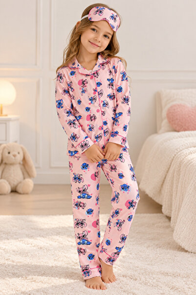 Kız Çocuk Stich Desenli Uzun Kollu Düğmeli Pijama Takımı
