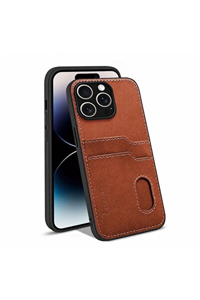 Zebana Apple iPhone 15 Pro Uyumlu Kılıf Zebana Kartlıklı Lüx Deri Kılıf Kahve...