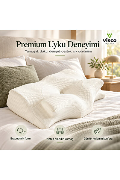 Visco Planet Ortopedik Visco Boyun Yastığı 65x40 cm, 12/10 cm Çift Yükseklikl...
