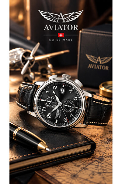 AVIATOR Marka V.2.45.0.405.4 Siyah Deri Kayışlı 45 mm Kronograf Erkek Kol Saa...