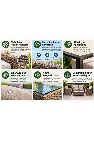 Tu Tienda KARTEPE ALÜMİNYUM 2 1 1 RATTAN BAHÇE BALKON TAKIMI,KAHVE RATTAN/KREM KUMAŞ