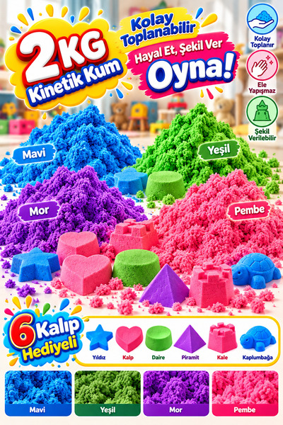 Toyuncakçı 2 Kg Kinetik Kum Seti 4 Renk Mavi Yeşil Mor Pembe 6 Kalıp Hediyeli...