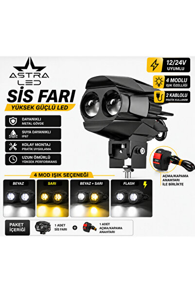 ASTRA LED 1 Adet Açma Kapama Anahtarlı Motosiklet Atv Utv Led Lazer Sis Farı Delici Beyaz Sarı Çift Renk 12 -24 Volt