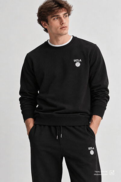 UCLA Valley Siyah Bisiklet Yaka Baskılı Standart Fit Erkek Sweatshirt
