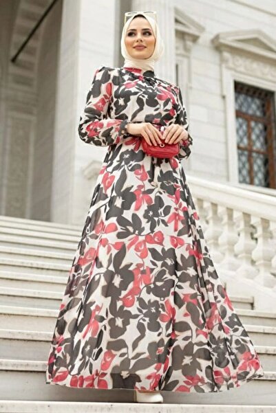 Neva Style Patterned Red Hijab Dress 2925K