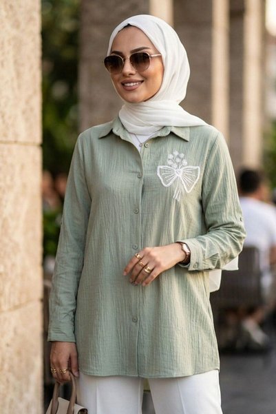 N.S NEVA STYLE تونيك إسلامي مفتوح باللون الكاكي الفاتح مصنوع من قماش الفراولة...