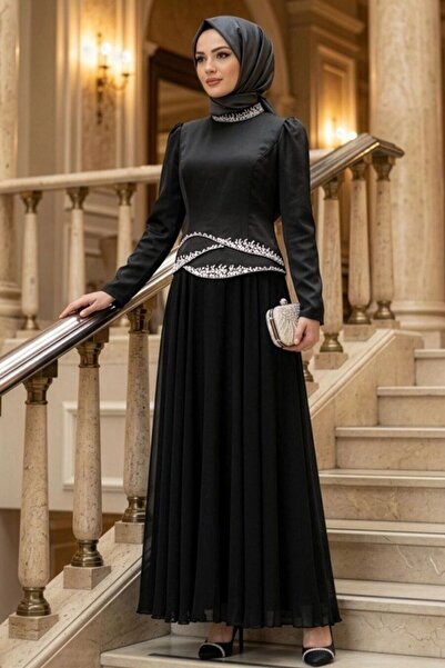 N.S NEVA STYLE فستان سهرة أسود مزين بالخرز للحفلات الإسلامية 55991S
