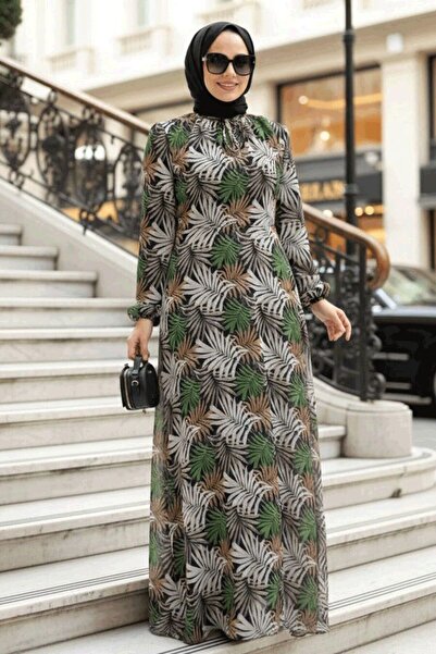 Neva Style Floral Patterned Green Hijab Dress 279076Y