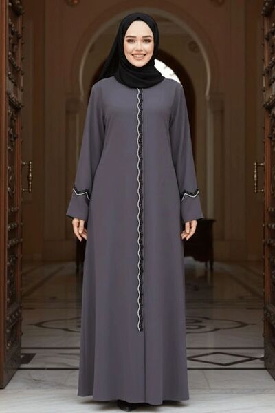 Neva Style Boncuk İşlemeli Füme Tesettür Abaya 61365FU