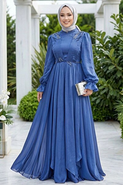 Neva Style فستان سهرة بتصميم أكمام بالون باللون الأزرق النيلي 21910IM