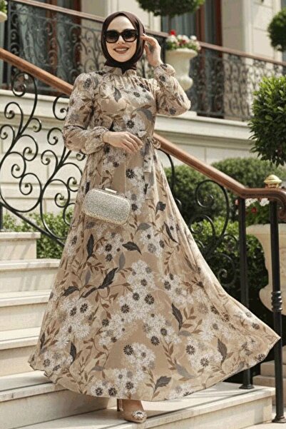 Neva Style Floral Patterned Biscuit Hijab Dress 27950Bs