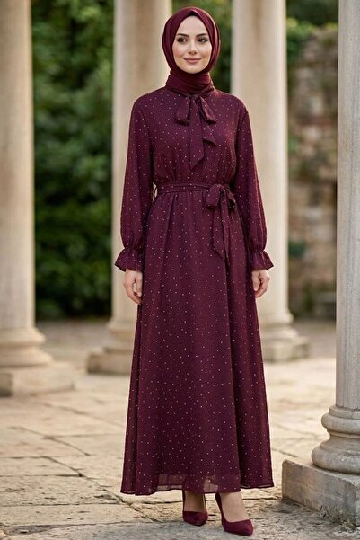 N.S NEVA STYLE Stone Detailed Scarf Collar Plum Hijab Dress 5335Mu