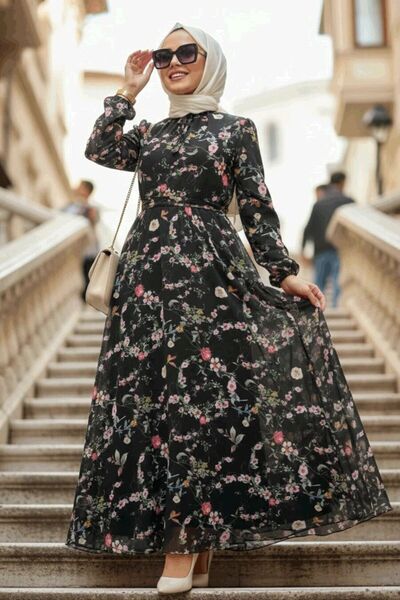 Neva Style Floral Patterned Black Hijab Dress 279032S