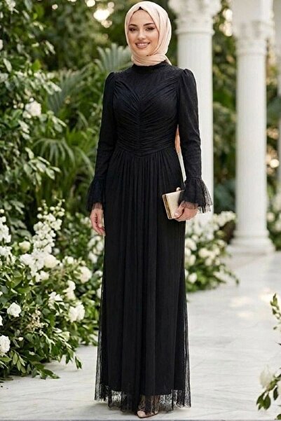 N.S NEVA STYLE فستان سهرة أسود من الدانتيل للحفلات الإسلامية 56561S