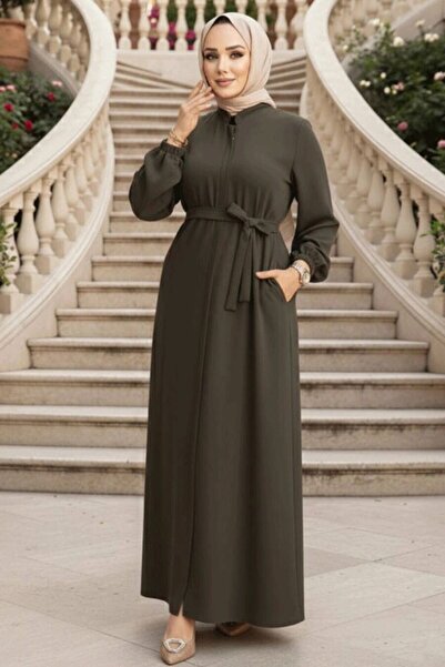 N.S NEVA STYLE Belted Dark Khaki Hijab Ferace 26391Khk