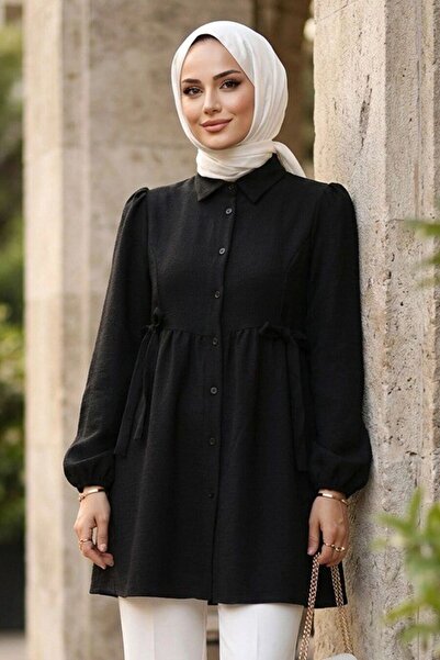 N.S NEVA STYLE Beli Büzgülü Düğmeli Siyah Tesettür Tunik 51091S