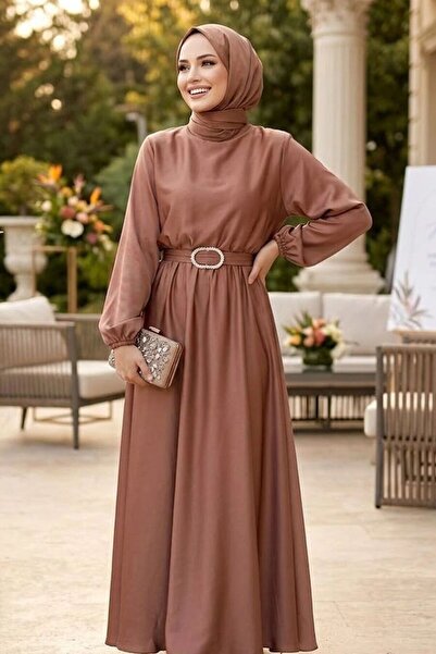 Neva Style Çikolata Saten Tesettür Elbise 5727CK
